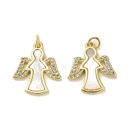 Brass Micro Pave Clear Cubic Zirconia Pendants, with Shell, Jump Ring, Angel, Real 18K Gold Plated, 21x19x2.5mm, Hole: 3.5mm(KK-K365-19G)