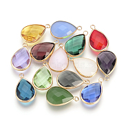 Glass Pendants, with Brass Findings, Faceted, Teardrop, Mixed Color, 18x10.5x4.5mm, Hole: 2mm(X-GLAA-S110-B-M)