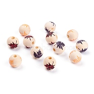Autumn Theme Spray Painted Natural Wood Beads, Round with Maple Leaf Pettern, Mixed Color, 15.5mm, Hole: 3~5mm(WOOD-P015-A)