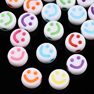 Opaque Craft Acrylic Beads, Flat Round with Smiling Face, Mixed Color, 7x3.5mm, Hole: 1.5mm(X-MACR-S369-003B-01)