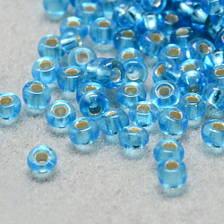 6/0 Grade A Round Glass Seed Beads, Silver Lined, Deep Sky Blue, 6/0, 4x3mm, Hole: 1mm, about 4500pcs/pound(SEED-Q007-4mm-F45)