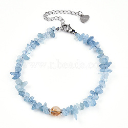 Natural Aquamarine Chip Beads Bracelets for Women, with Stainless Steel Lobster Claw Clasps & Citrine Beads, 7-1/8 inch(18.2cm), 58~61mm Extender, Inner Diameter: 2-1/8~2-1/4 inch(5.45~5.65cm), Crysta: 6~7.5mm in diameter(BJEW-T022-03A)