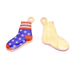 Alloy Enamel Christmas Theme Pendants, Socks with the Old Glory Pattern, Light Gold, Blue, 22x13.5x2mm, Hole: 2mm(PALLOY-CJC0007-31A)