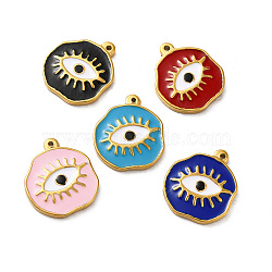 Ion Plating(IP) 304 Stainless Steel Charms, with Enamel, Flat Round with Evil Eye, Real 18K Gold Plated, Mixed Color, 21x18.5x2.5mm, Hole: 1.4mm(STAS-C074-06G)
