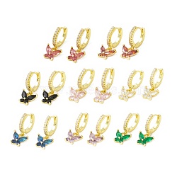Cubic Zirconia Butterfly Dangle Hoop Earrings, Real 18K Gold Plated Brass Drop Earrings, Lead Free & Cadmium Free, Mixed Color, 21mm, Pin: 0.8mm(EJEW-H086-01G)