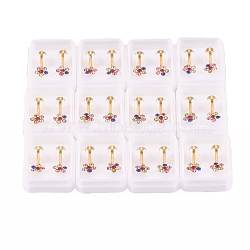 304 Stainless Steel Earlobe Plugs, Screw Back Earrings, with Rhinestone, Flower, Golden, Colorful, 10mm, Pin: 1mm(EJEW-H105-11A)