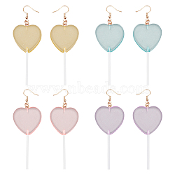 4 Pairs 4 Colors Acrylic Heart Lollipop Dangle Earrings, Golden Alloy Long Drop Earrings for Woman, Mixed Color, 104mm, Pin: 0.8mm, 1 pair/color(EJEW-FI0001-14)