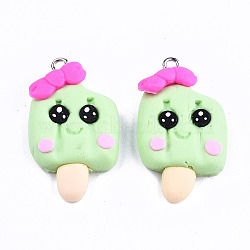 Handmade Polymer Clay Charms, with Platinum Tone Iron Findings, Ice Cream, Pale Green, 32~33.5x19~20x7mm, Hole: 2mm(CLAY-T016-63B)