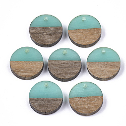 Resin & Walnut Wood Pendants, Flat Round, Pale Turquoise, 14~15x3~4mm, Hole: 1.8mm(RESI-S358-02E-03)