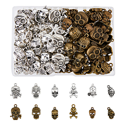 120Pcs 12 Style Tibetan Style Alloy Pendants, Cadmium Free & Lead Free, Halloween Mixed Skull, Antique Bronze & Antique Silver, 16~29x9~19x2.5~7mm, 10pcs/style(SKUL-FH0001-01)