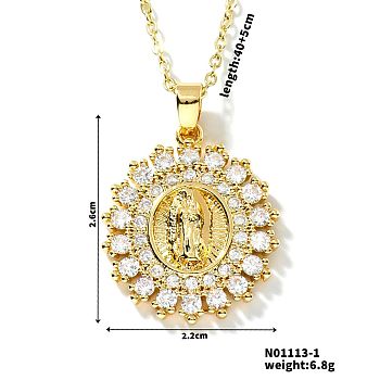 Brass Cubic Zirconia Flat Round Design Virgin Mary Pendant Exquisite Necklaces, Golden, Clear, 15.75 inch(40cm)