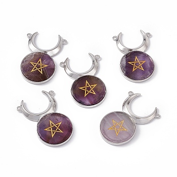 Natural Amethyst Connector Charms, Cattle Head Links with Star, with Rack Plating Platinum Tone Brass Findings, Cadmium Free & Lead Free, 47.5x31.5x5mm, Hole: 2mm