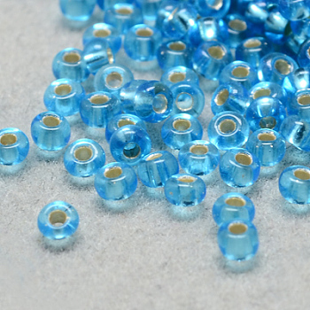 6/0 Grade A Round Glass Seed Beads, Silver Lined, Deep Sky Blue, 6/0, 4x3mm, Hole: 1mm, about 4500pcs/pound