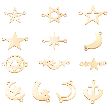 BENECREAT 13Pcs 13 Style 304 Stainless Steel Links Connectors, Laser Cut, Star & Moon & Anchor, Golden, 15x20.5x1mm, Hole: 1.5mm