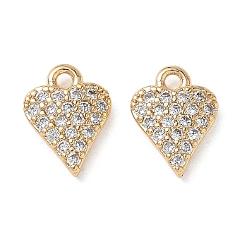 Valentine's Day Brass Micro Pave Clear Cubic Zirconia Charms, Heart Charms, Nickel Free, Real 18K Gold Plated, 10.5x8x2mm, Hole: 1.2mm