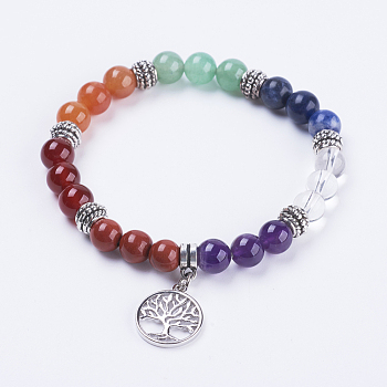 Natural Gemstone Stretch Bracelets, with Alloy Findings and Brass Pendants, Flat Round with Tree of Life, Antique Silver, 55mm