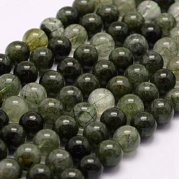 Natural Green Rutilated Quartz Beads Strands, Round, 10mm, Hole: 1mm, about 51pcs/strand, 15.3 inch(39cm)