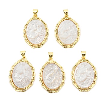 Natural White Shell Carved Mermaid Pendants, Brass Oval Charms, Golden, 27x19.5x2.5~3.5mm, Hole: 4x3.5mm