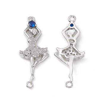 Brass Micro Pave Clear Cubic Zirconia Connetor Charms, with Blue Glass, Dancer Links, Platinum, 33x12.5x3mm, Hole: 1.6mm