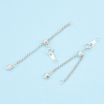 925 Sterling Silver Chain Extender, with S925 Stamp, with Clasps & Curb Chains, Silver, 50mm, Links: 53x1x0.5mm; Clasps: 8x6x1mm; Heart: 6×4×3mm, Label: 7x3x0.5mm.