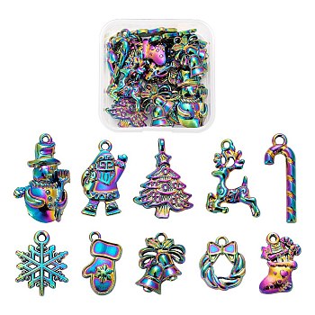 20Pcs 10 Style Rainbow Color Alloy Pendants, Cadmium Free & Nickel Free & Lead Free, Father Christmas, Glove, Garland, Christmas Reindeer/Stag & Trees & Candy Cane & Snowflake & Bell & Stocking & Snowman, 16~27x9~17.5x2~4mm, Hole: 1.4~2mm, 2pcs/style