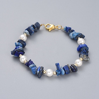 Natural Lapis Lazuli Chip Beaded Bracelets, with Shell Pearl Round Beads, Brass Beads and 304 Stainless Steel Lobster Claw Clasps, 7-1/4 inch(18.5cm)