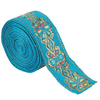 Flat Ethnic Style Embroidery Polyester Ribbons, Jacquard Ribbon, Garment Accessories, Single Face Floral Pattern, Turquoise, 1-3/4 inch(45mm), about 7.66 Yards(7m)/Roll