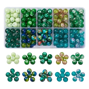 10 Style Spray Painted & Drawbench Transparent & Baking Painted Glass Beads, Round, Green, 8~8.5mm, Hole: 1.3~1.6mm, 208~228pcs/box
