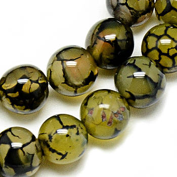 Natural Dragon Veins Agate Beads Strands, Dyed, Round, Dark Khaki, 8mm, Hole: 1mm, about 48pcs/strand, 14.96 inch