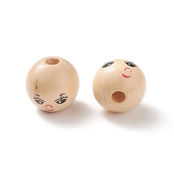 (Defective Closeout Sale: Printed Crooked and Crack) Printed Natural Wood European Beads, Large Hole Bead, Round with Smiling Face, BurlyWood, 21x20mm, Hole: 5.5mm