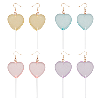 4 Pairs 4 Colors Acrylic Heart Lollipop Dangle Earrings, Golden Alloy Long Drop Earrings for Woman, Mixed Color, 104mm, Pin: 0.8mm, 1 pair/color