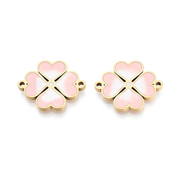 304 Stainless Steel Enamel Heart Clover Links, Ion Plating(IP), Real 18K Gold Plated, Pink, 20x16x2mm, Hole: 1.4mm