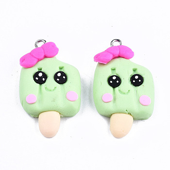Handmade Polymer Clay Charms, with Platinum Tone Iron Findings, Ice Cream, Pale Green, 32~33.5x19~20x7mm, Hole: 2mm