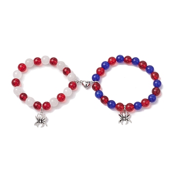 2Pcs 10mm Round Natural White Jade & Red Glass & Blue Cat Eye Beaded Stretch Bracelet Sets for Lover, Halloween Spider Alloy Charm Bracelets with Heart Magnetic Clasps for Women Men, Mixed Color, Inner Diameter: 2-3/8 inch(6.1cm) and 2 inch(5.1cm)