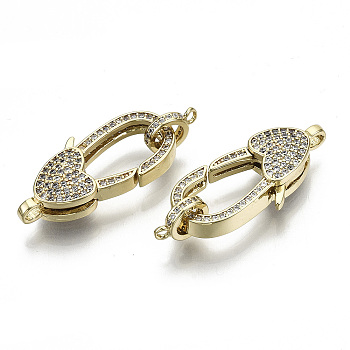 Brass Micro Pave Clear Cubic Zirconia Lobster Claw Clasps, with Bail Beads/Tube Bails, Nickel Free, Heart, Real 16K Gold Plated, 29x13x6mm, Hole: 2mm