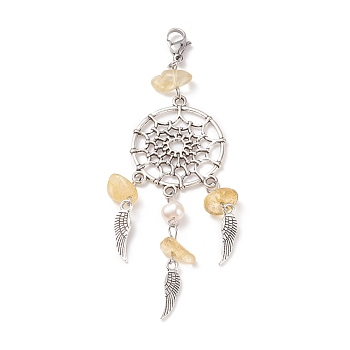 Natural Citrine Chip Pendant Decoration, Alloy Woven Net/Web with Wing Hanging Ornament, with Natural Cultured Freshwater Pearl, 304 Stainless Steel Lobster Claw Clasps, 98~100mm