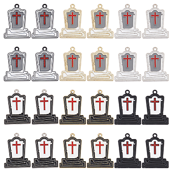 36Pcs 6 Styles Halloween Theme Rack Plating Spray Painted Alloy Enamel Pendants, Tomb with Cross Charms, Mixed Color, 25x19x3mm, Hole: 1.6mm, 6pcs/style