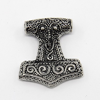 Vintage Men's 304 Stainless Steel Thor's Hammer Focus Pendants, Antique Silver, 35x32x9mm, Hole: 4mm