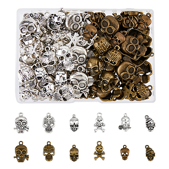 120Pcs 12 Style Tibetan Style Alloy Pendants, Cadmium Free & Lead Free, Halloween Mixed Skull, Antique Bronze & Antique Silver, 16~29x9~19x2.5~7mm, 10pcs/style