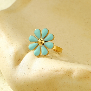 304 Stainless Steel Enamel Stud Rings for Women, Flower, Pale Turquoise, Adjustable, Flower: 18x18mm