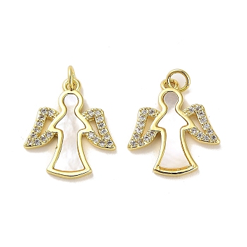 Brass Micro Pave Clear Cubic Zirconia Pendants, with Shell, Jump Ring, Angel, Real 18K Gold Plated, 21x19x2.5mm, Hole: 3.5mm