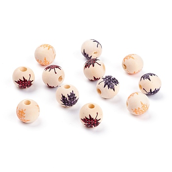 Autumn Theme Spray Painted Natural Wood Beads, Round with Maple Leaf Pettern, Mixed Color, 15.5mm, Hole: 3~5mm