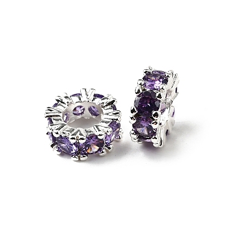 Brass with Cubic Zirconia European Beads, Rondelle Wheel Spacer Beads, Silver, Lilac, 11x4mm, Hole: 5mm
