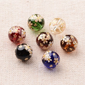 Flower Picture Printed Glass Round Beads, Mixed Color, 12mm, Hole: 1mm(GLAA-J089-12mm-A)