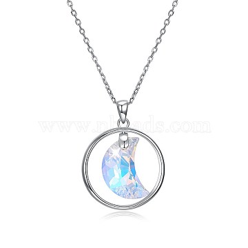 Trendy 925 Sterling Silver Pendant Necklace, with Austrian Crystal, Ring and Moon, Platinum, 001AB_Crystal AB, 15.75 inches(40cm)(NJEW-BB30718)