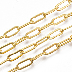 Brass Paperclip Chains, Flat Oval, Drawn Elongated Cable Chains, Soldered, Long-Lasting Plated, with Spool, Cadmium Free & Nickel Free & Lead Free, Golden, 11x4.3x0.7mm, about 6.56 Feet(2m)/roll(X-CHC-S008-001B-G)