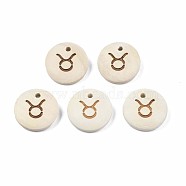 Laser Out Wood Pendants, Flat Round with 12 Constellations, Undyed, Taurus, 15x4mm, Hole: 1.6mm(WOOD-S053-51F)