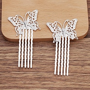 Brass Hair Comb Findings, Filigree Butterfly, Silver, 35x25mm(OHAR-PW0001-418S)