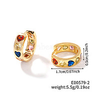 Romantic Heart-shaped Brass Rhinestone Hoop Earrings, with Delicate Design and Sparkling Gems, Golden, Colorful, 17x5mm(KG7927-1)