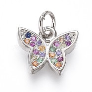 Brass Micro Pave Cubic Zirconia Charms, with Jump Rings, Butterfly, Colorful, Platinum, 9.5x11x2mm, Hole: 3mm(ZIRC-I032-59P)